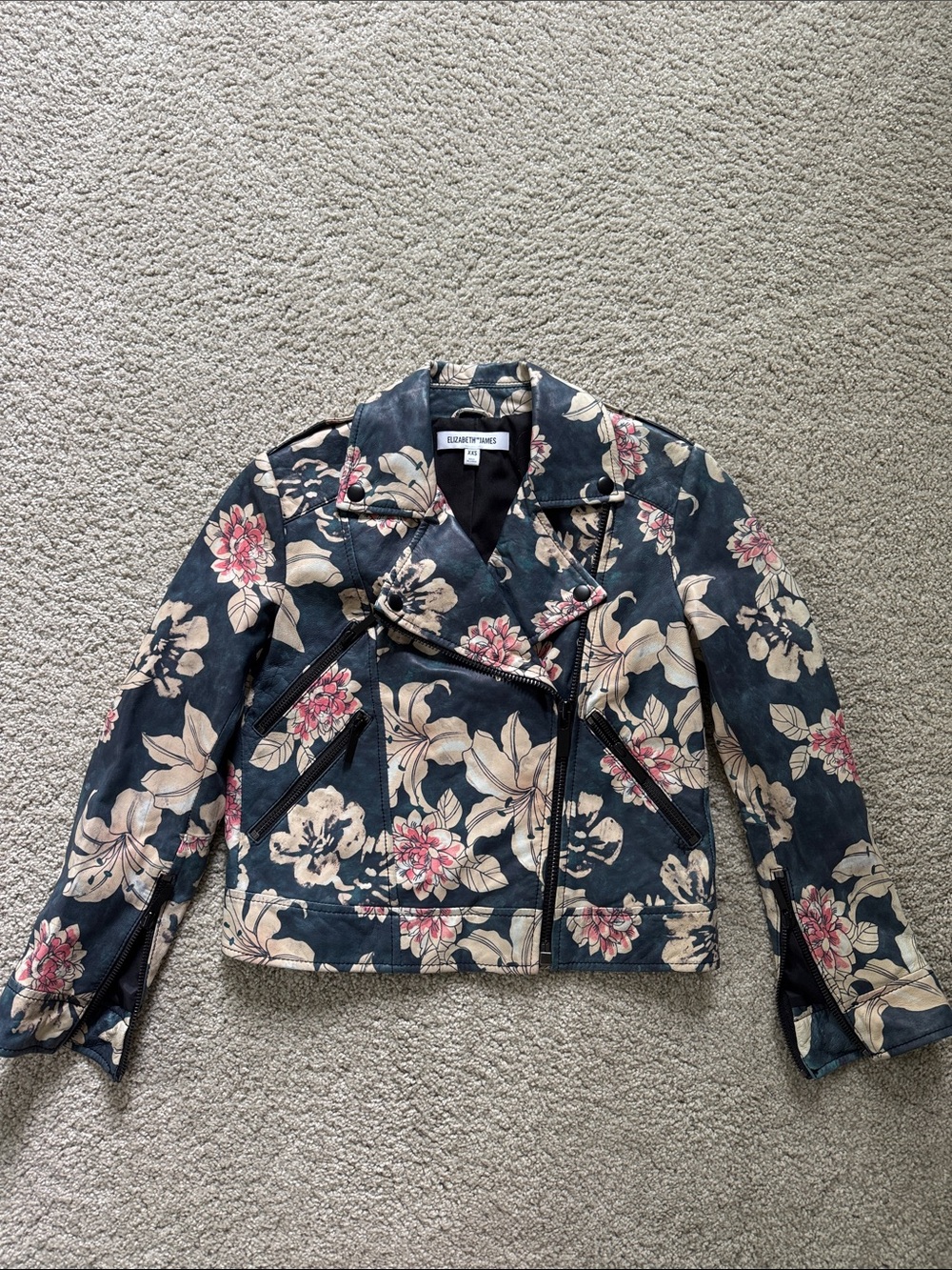 ELIZABETH AND JAMES Blue Cream Pink Floral Leather Jacekt XXS